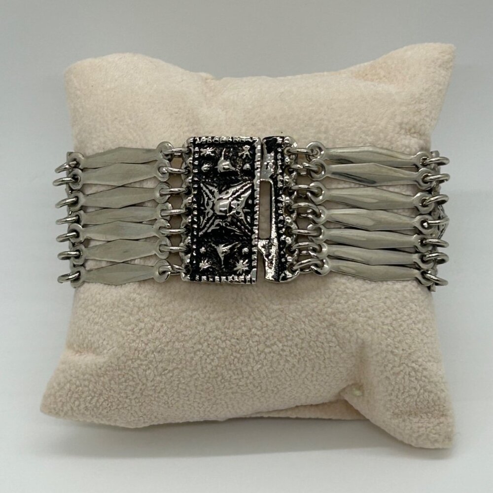Vintage Mexican Alpaca Silver Panel Bracelet Aztec Motif Made in Mexico Boho - Picture 5 of 14